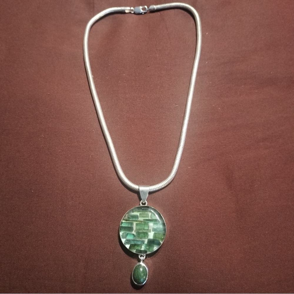 Sterling Silver Round Tourmaline Crystals in Resin Pendant with Chain